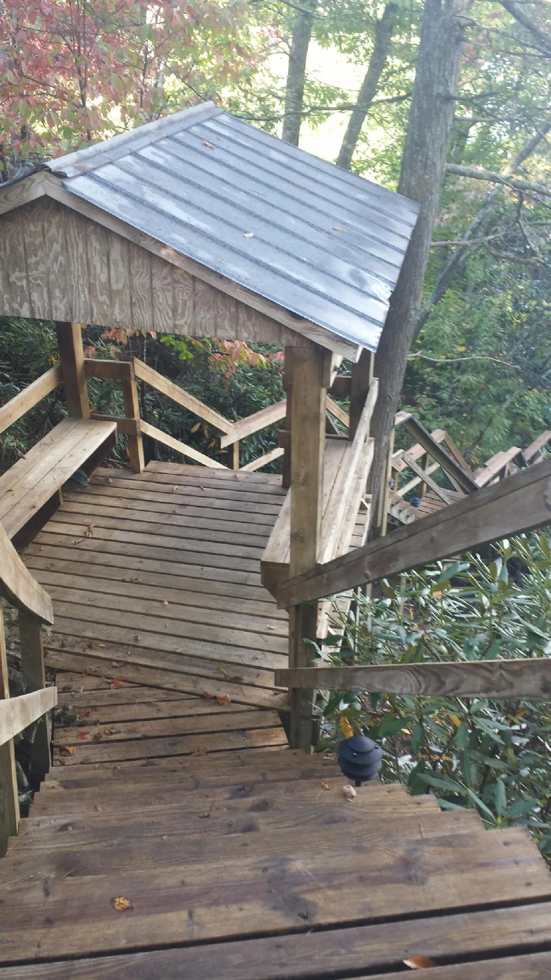 Metal roofed shelter over wooden steps on a wooded walkway — Skylight Repair & Installation work by our crew in Danese