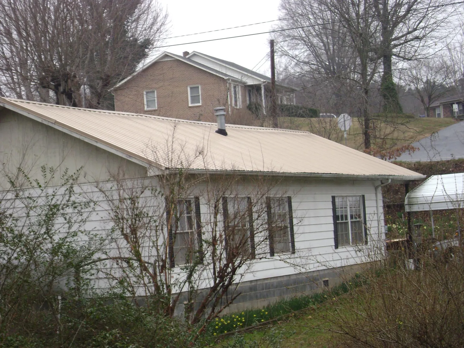 Tan metal roof on a white sided house set into a hillside — Commercial Roofing by Roofing Brothers in Danese